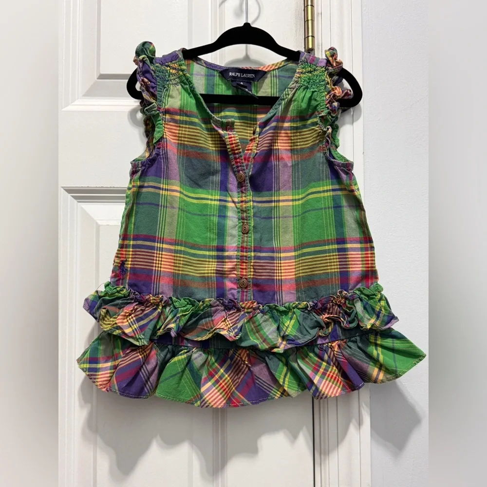 Ralph Lauren Multicolor Plaid Ruffle Blouse size 4